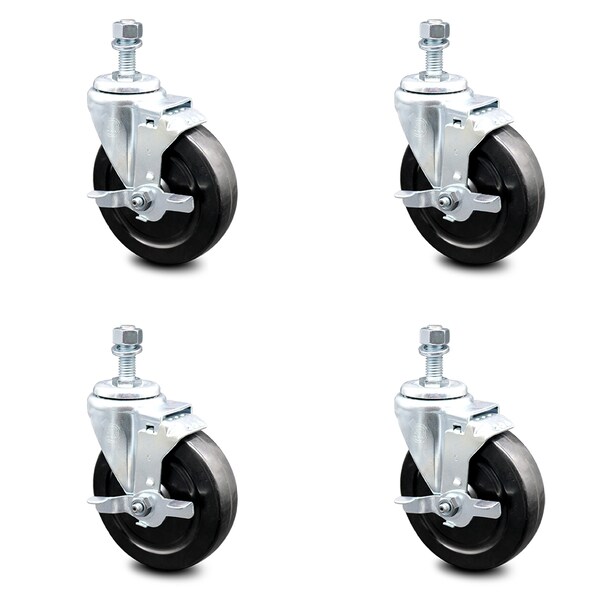 5 Inch Hard Rubber Wheel Swivel 3/8 Inch Threaded Stem Caster Set with Brake SCC
